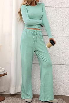 CHYRII Womens Two Piece Sets Fall Fashion Striped Long Sleeve Tops Wide Leg Palazzo Pants Outfits... | Amazon (US)