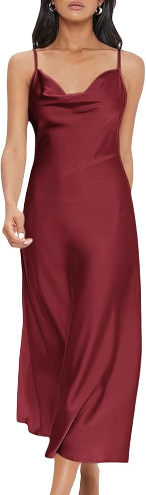 Floerns Women's Spaghetti Strap Cowl Neck Long Slip Satin Silk Midi Dress | Amazon (US)