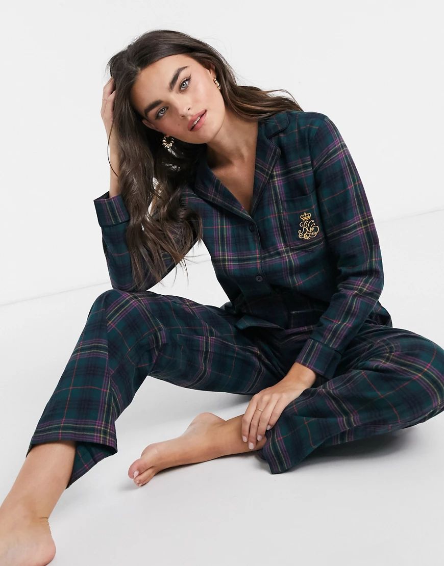 LAUREN by Ralph Lauren notch collar pyjama set in green plaid | ASOS (Global)
