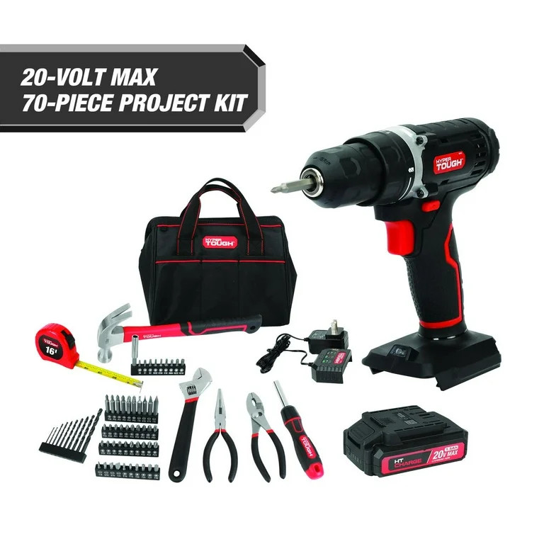 Hyper Tough 20V Max 1.5AH 70-Piece Project Kit with Cordless Drill, Battery & Charger | Walmart (US)
