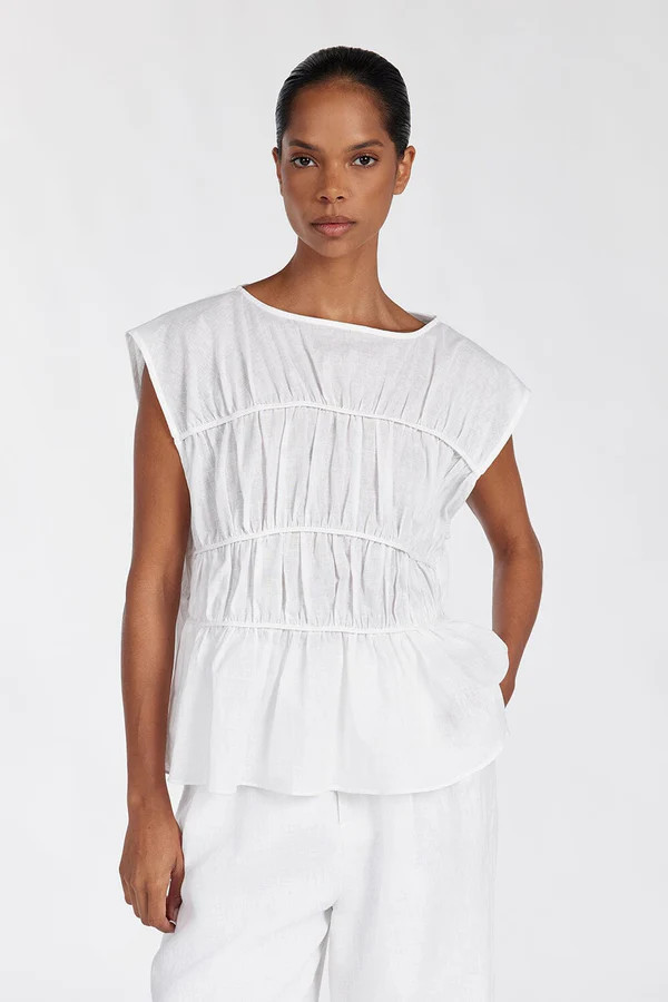 FLYNN WHITE LINEN BLEND TIERED TOP | DISSH