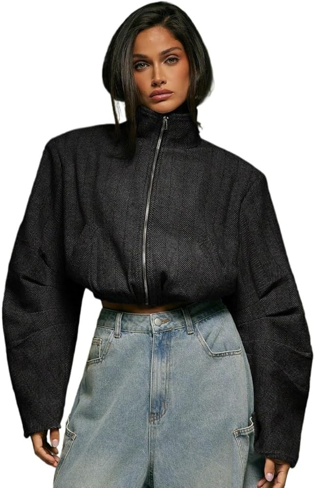 JMUJUN Women Elastic Waist High Neck Cropped Zip Front Jacket | Amazon (US)