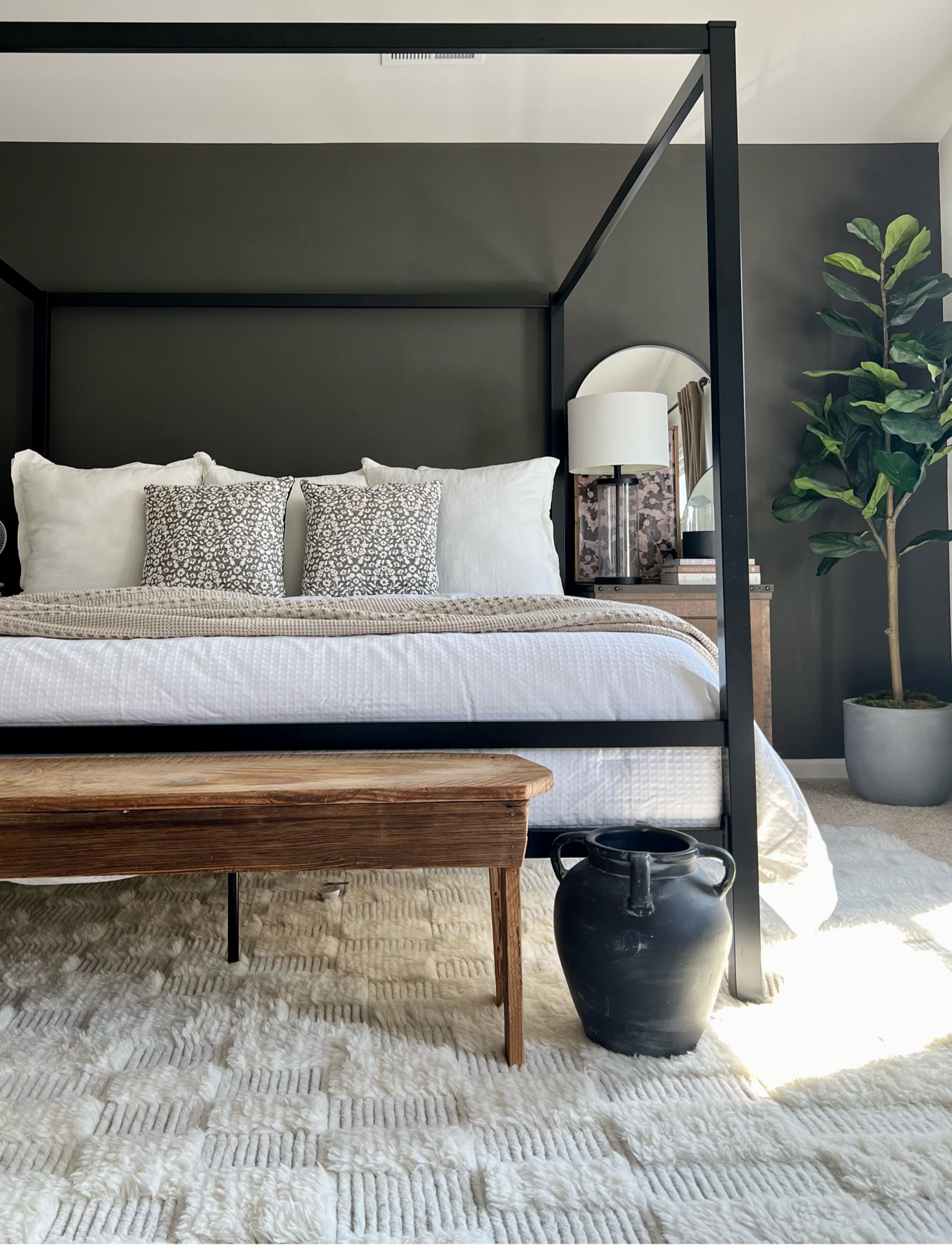 Modern bedroom decor!
Canopy bed, Amazon home decor, rustic nightstand, glass table lamp, faux fiddle leaf, moody art, white waffle weave beddingg

#LTKStyleTip #LTKSaleAlert #LTKHome