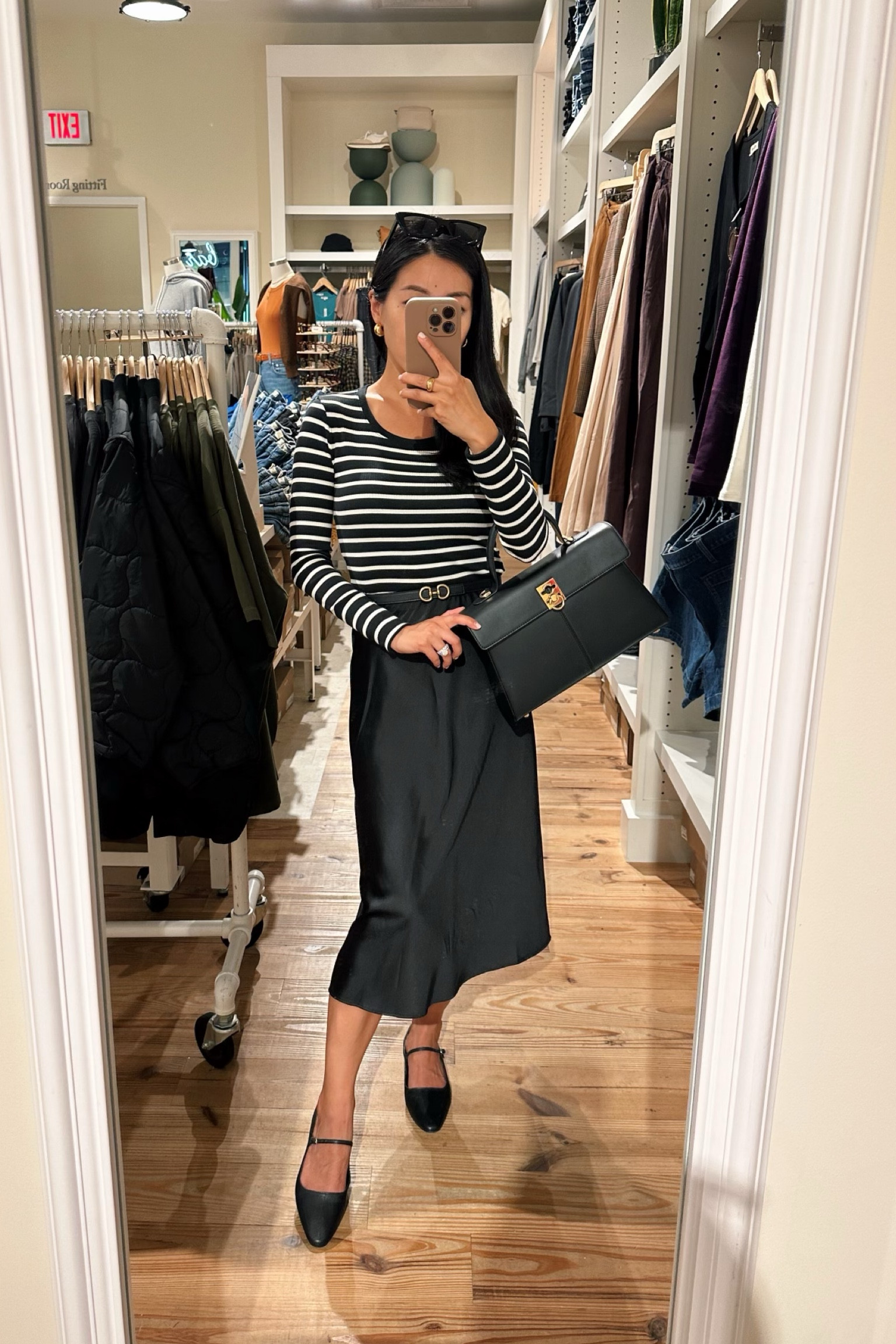 the Drop midi slip skirt xxs. Low maintenance, weightier easy care fabric than my silk quince one so I am wearing this one more esp around kids. With flats, I have the waist band rolled up once here to make the length a tad shorter, but with heels I wear it full length. 
•J.Crew striped long sleeve tee xxs - sleeves are a little long on me 
•Open Edit Mary Jane flats sz 5.5
•Edited Pieces reversible horse bit belt xxs (available on EditedPieces.com)
•Cafune bag (not linkable)

#petite amazon finds 

#LTKstyletip #LTKSeasonal #LTKfindsunder50