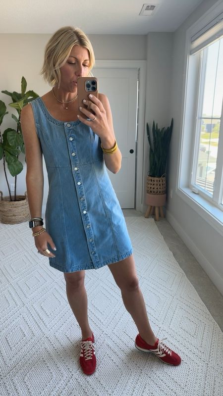 French girl summer outfit: denim dress + read sneakers! I love that this distress can be worn for every day with sneakers or sandals! Or can be dressed up for date night or girls night with some heels and a cute handbag! I am wearing my true ass size small tall


#LTKFindsUnder50 #LTKOver40 #LTKActive