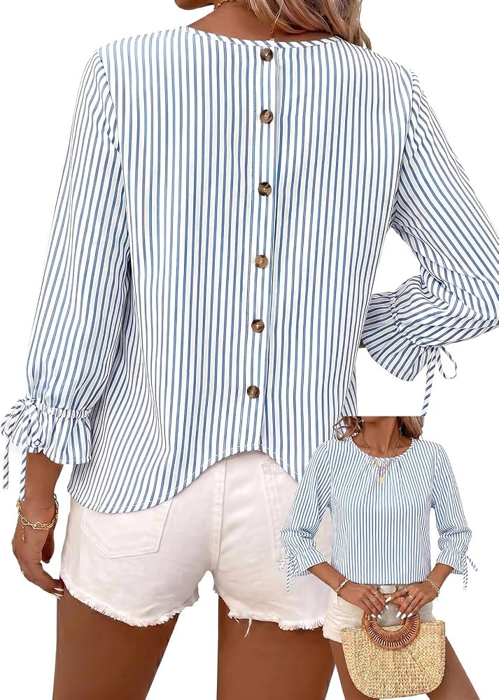 SHEWIN Womens Blouses Summer Striped Crewneck 3/4 Tie Sleeve Tops with Button Decoration On Back | Amazon (US)