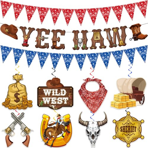 Western Cowboy Party Decorations, Western Party Decorations Includes 3 Pcs Rodeo Party Decorations Banner and 8 Pcs Cowboy Theme Cut Out Hanging Swirls, Cowboy Theme Party Decorations | Amazon (US)