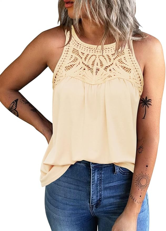 FARORO Lace Halter Tank Tops for Women Boho Vest Summer Blouse Shirts Crochet Sleeveless Camisole... | Amazon (US)