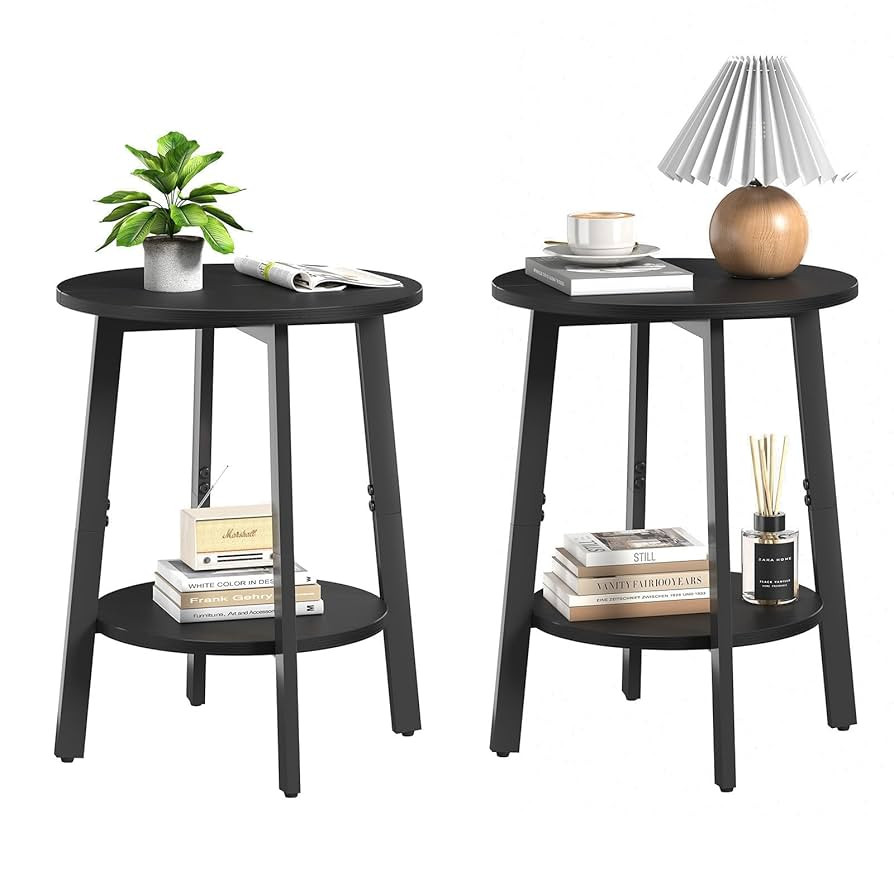 Side Table Set of 2, Small Round End Table with Storage Shelf for Small Space, 2-Tier Black Bedsi... | Amazon (US)