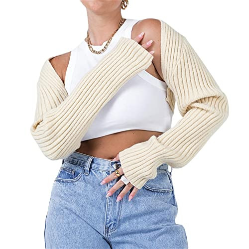 Women Y2k Crochet Knit Shrug Sweater Long Sleeve Hollow Patchwork Crop Top Loose Cropped Pullover Top (Apricot,Large) | Amazon (US)