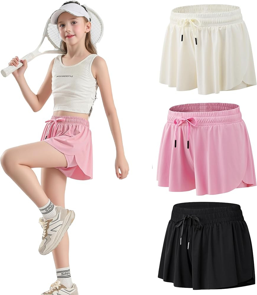 Yknktstc Girls 3 Pack 2 in 1 Flowy Athletic Shorts with Inner Pockets High Waist Yoga Skirt Skort... | Amazon (US)