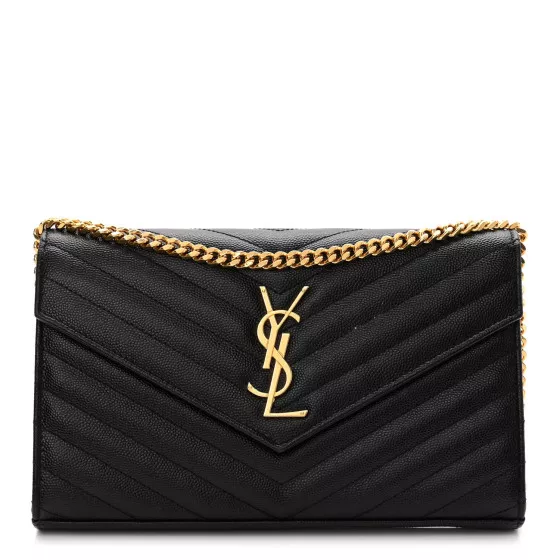 Saint Laurent Grain De Poudre Matelasse Chevron Monogram Chain Wallet Black