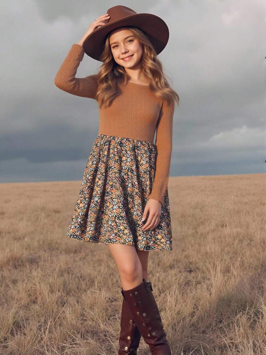 Emery Rose Kids Emery Rose Kids Tween Girls Urban Chic Knitted Round Neck Long Sleeve Patchwork D... | SHEIN