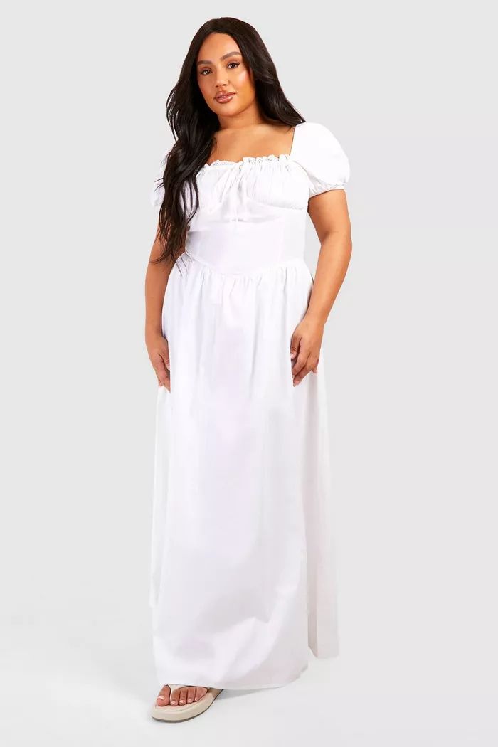 Plus Poplin Milkmaid Puff Sleeve Maxi Dress | boohoo (US & Canada)