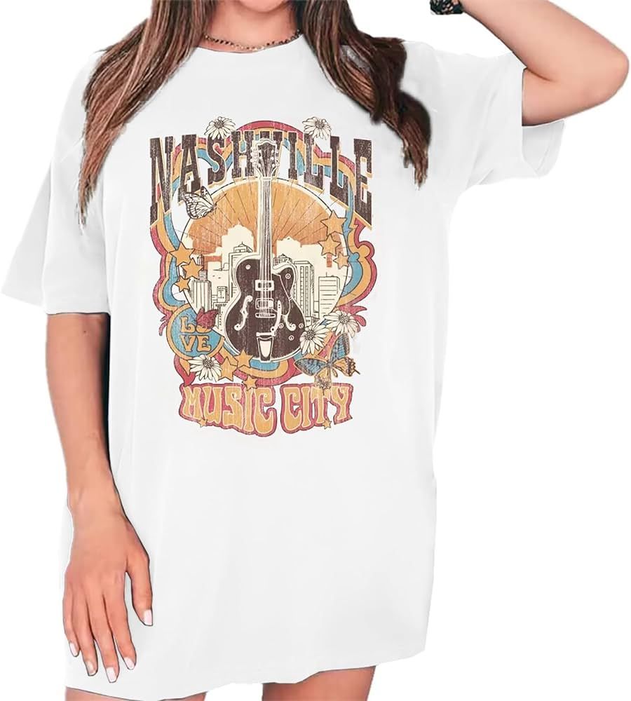 GEMLON Womens Nashville Music City T-Shirt Vintage Country Concert Tee Graphic Oversized Tshirt S... | Amazon (US)