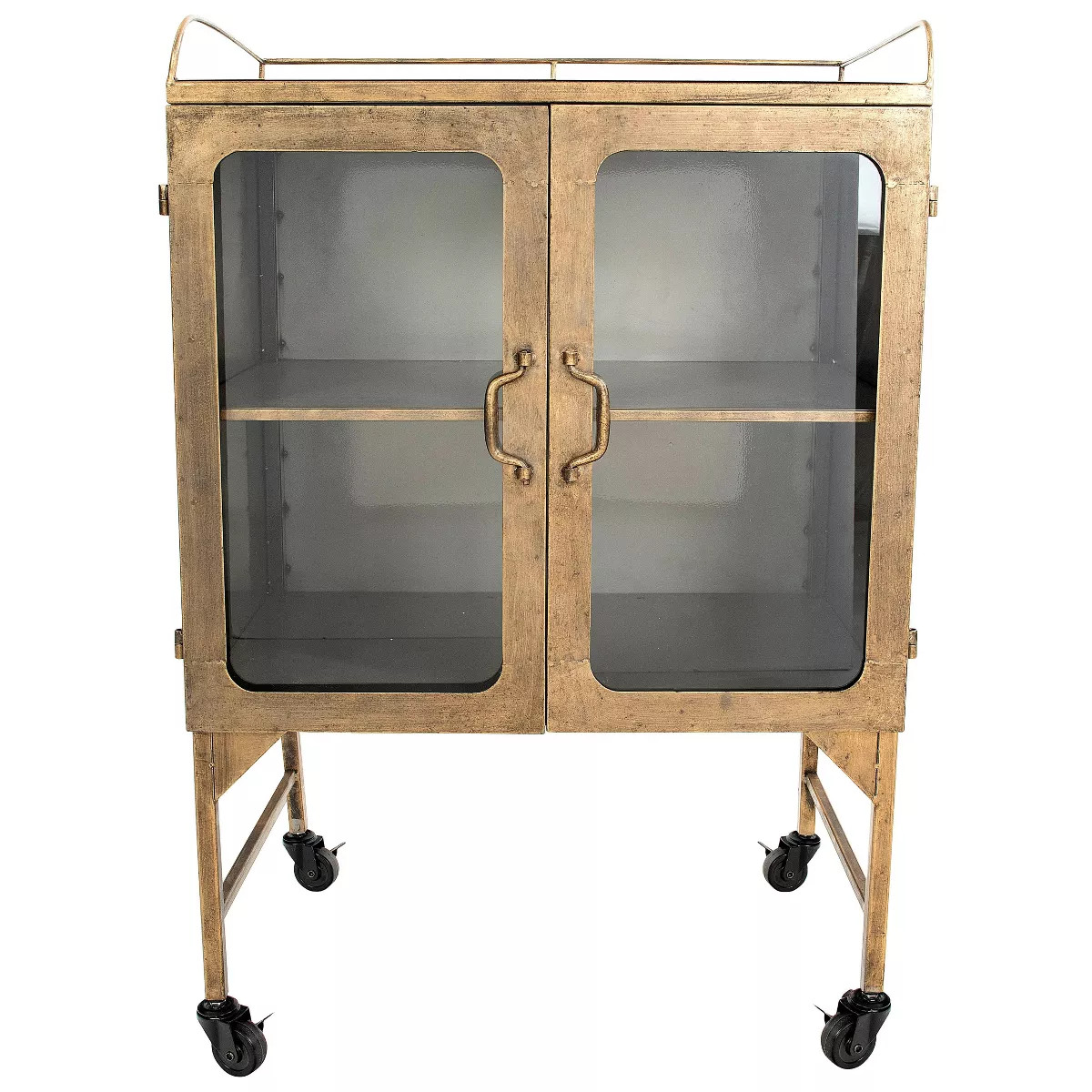 Storied Home Metal Bar Cabinet with Glass Doors and Wheels Gold/Antique Brass | Target