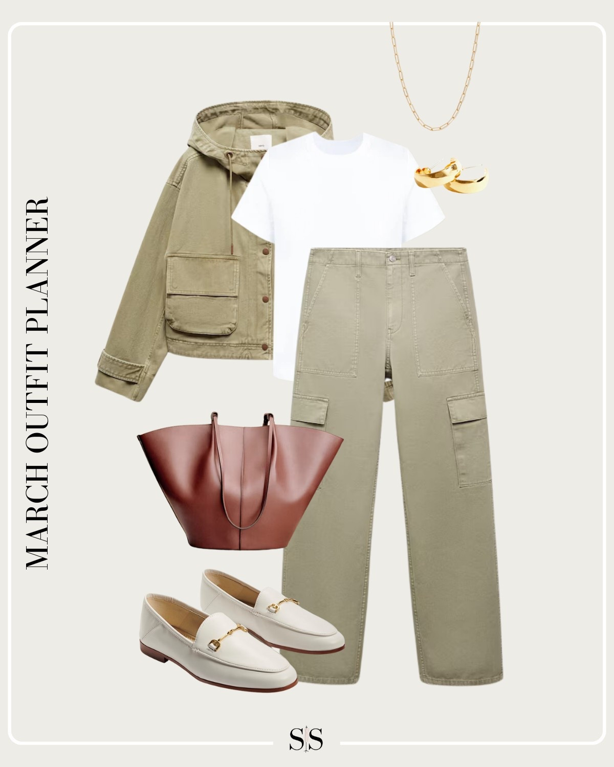 Monthly outfit planner MARCH: Winter to Spring transitional looks | cargo cropped utility jacket, cargo olive pants, white ecru loafers, tote, white tee

#springoutfit #casualstyle

#LTKStyleTip