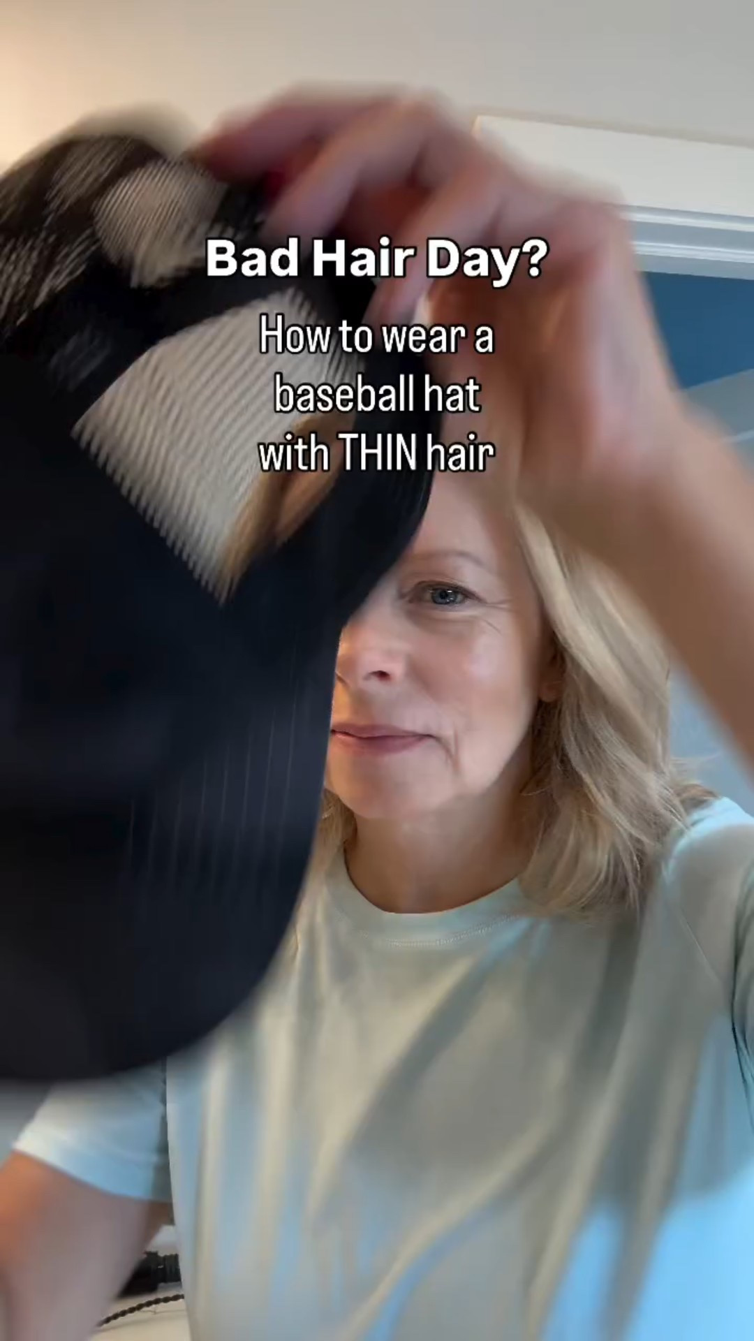 If you have thin hair like me, you know what it feels like to wear a baseball hat.  I’ve seen some women use a band to make a messy bun, but that doesn’t work with thin hair, especially shorter cuts.  That’s why I use a clip. It’s easy to create a messy bun at the nape of your neck. Add some curls first if needed, for a fuller look. Throw on bigger earrings, like hoops, to give it some shine.  Try it out and let me know what you think! 💕 #over50 #thinhairsolutions #fashion #style #whattowear #casuallooks #badhairday #hatlover