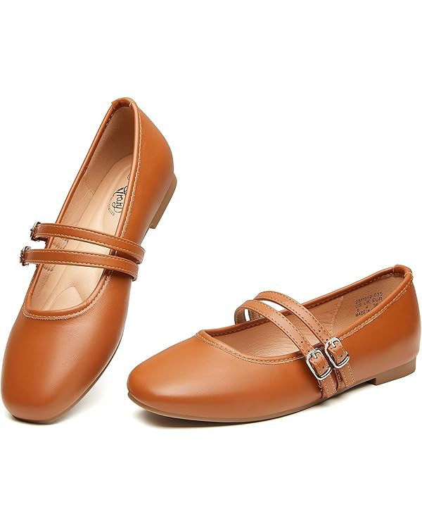 Trary Mary Jane Shoes Women Square Toe Flats for Women Dressy Ballet Flat Mary Jane Flats with Bu... | Amazon (US)