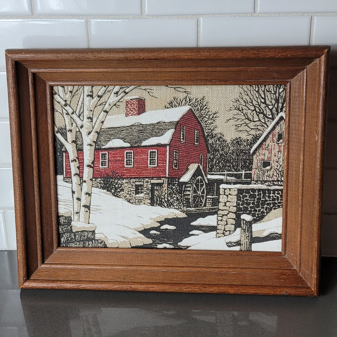 Vintage Kay Dee Handprints Pure Linen Winter Farm Fabric Art  Red Barn Home Decor Farmhouse Pictu... | Etsy (US)