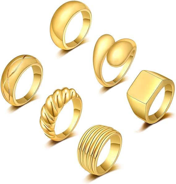 Amazon.com: 6PCS Thick Dome Chunky Rings for Women 18K Gold Plated Braided Twisted Signet Ring Bi... | Amazon (US)