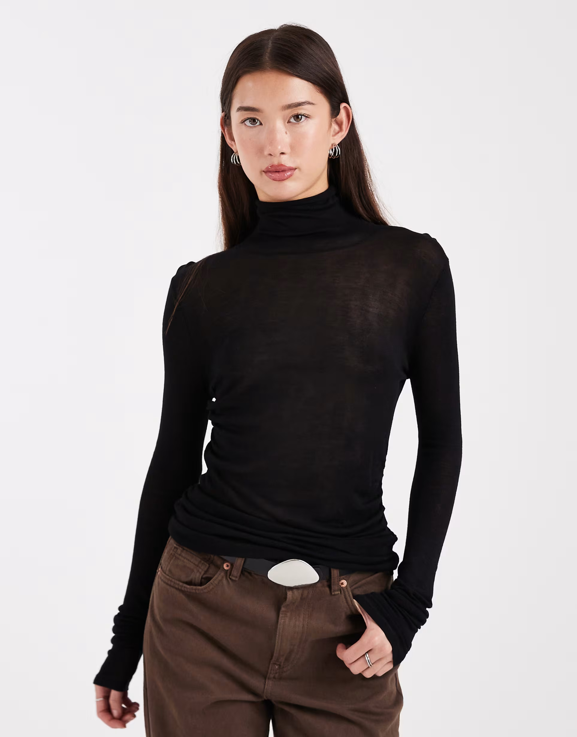 ASOS DESIGN soft touch ruched side high neck top in black | ASOS (Global)