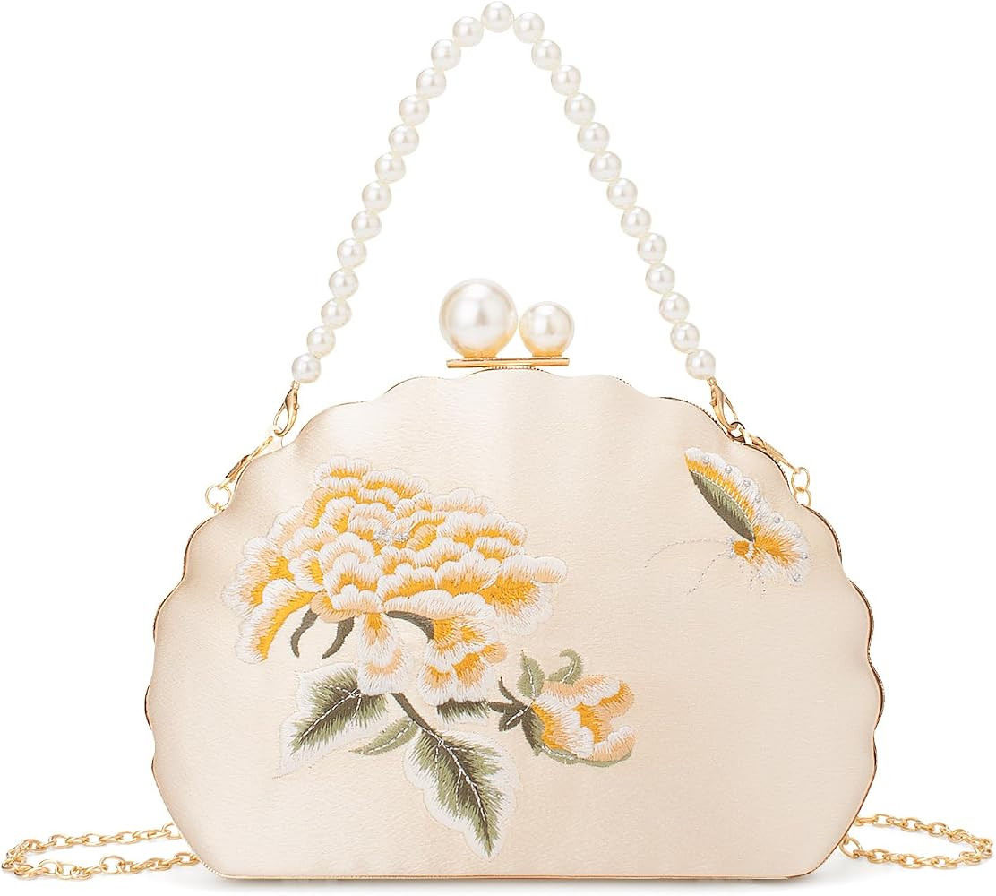 YYW Clutch Purse for Women Floral Embroidery Evening Bag Elegant Pearl Handbag Crossbody Bags for... | Amazon (US)
