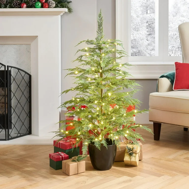 My Texas House Potted 4' Pre-Lit Cypress Artificial Christmas Tree, Green, 100 LED | Walmart (US)