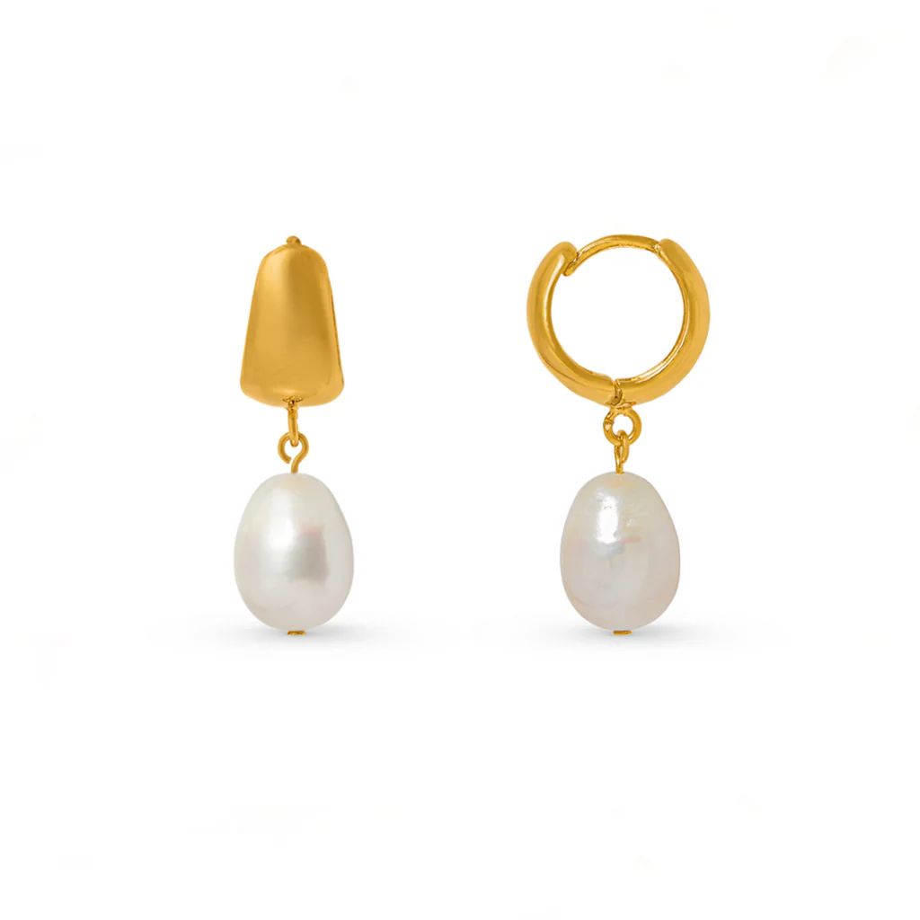 Domed Pearl Drop Huggie Hoop Earrings- Gold | Orelia