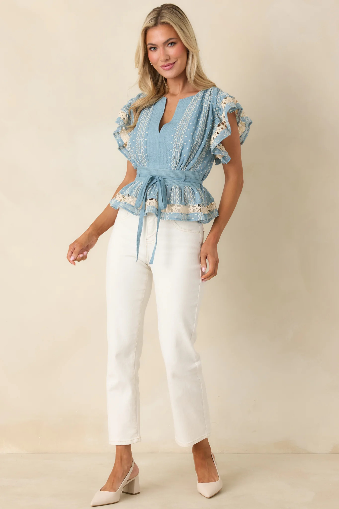 Soft Serenity Blue Flutter Sleeve Peplum Top | Red Dress