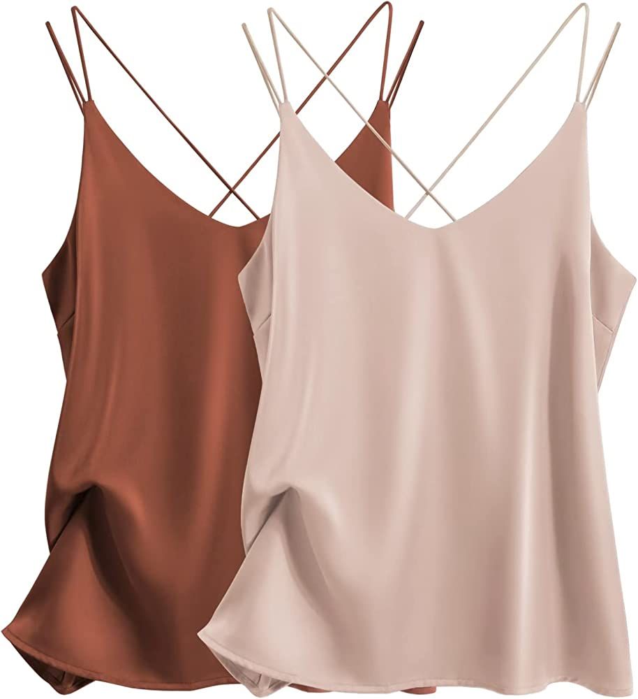 Ekouaer Womens 2-Pack Silk Satin Camisole Tank Top V Neck Sexy Cross Back Spaghetti Strap Cami Sl... | Amazon (US)