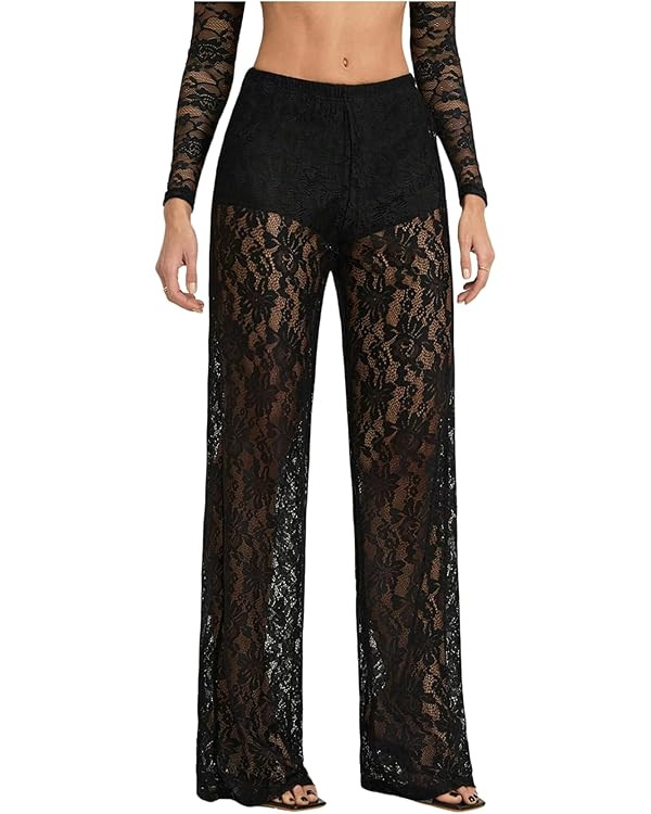 Women's Y2K Floral Lace See Through Pants Sheer Straight Leg Long Pants Club Wear | Amazon (US)