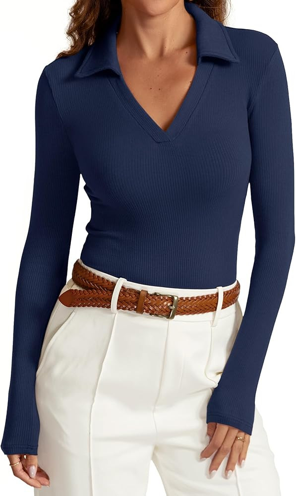 Womens Long Sleeve V Neck Polo Shirts Business Casual Collared Work Top Slim Fitted Basic 2024 Fa... | Amazon (US)