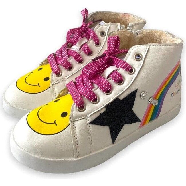 Rainbow Smiley Hi Top Sneaker, White | Maisonette