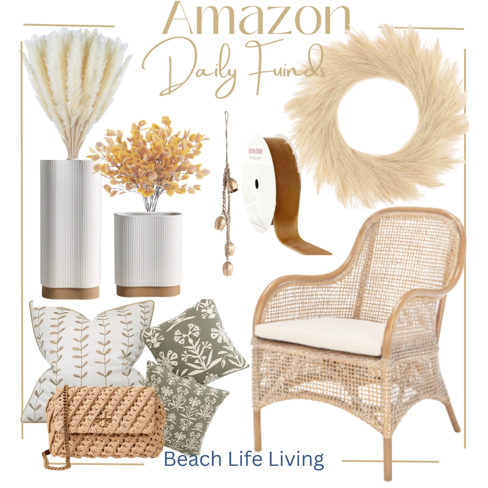 Amazon Fall Daily Finds 
Charlie Grey Wash Rattan Chair, 
Velvet Ribbon, Ceramic White Vases, Tory Burch Women’s small clutch purse, Hand crafted embroidered cotton square pillow, Artificial Pampas Grass Wreath, pillows, set of 2 , 

#LTKSeasonal #LTKHoliday #LTKhome