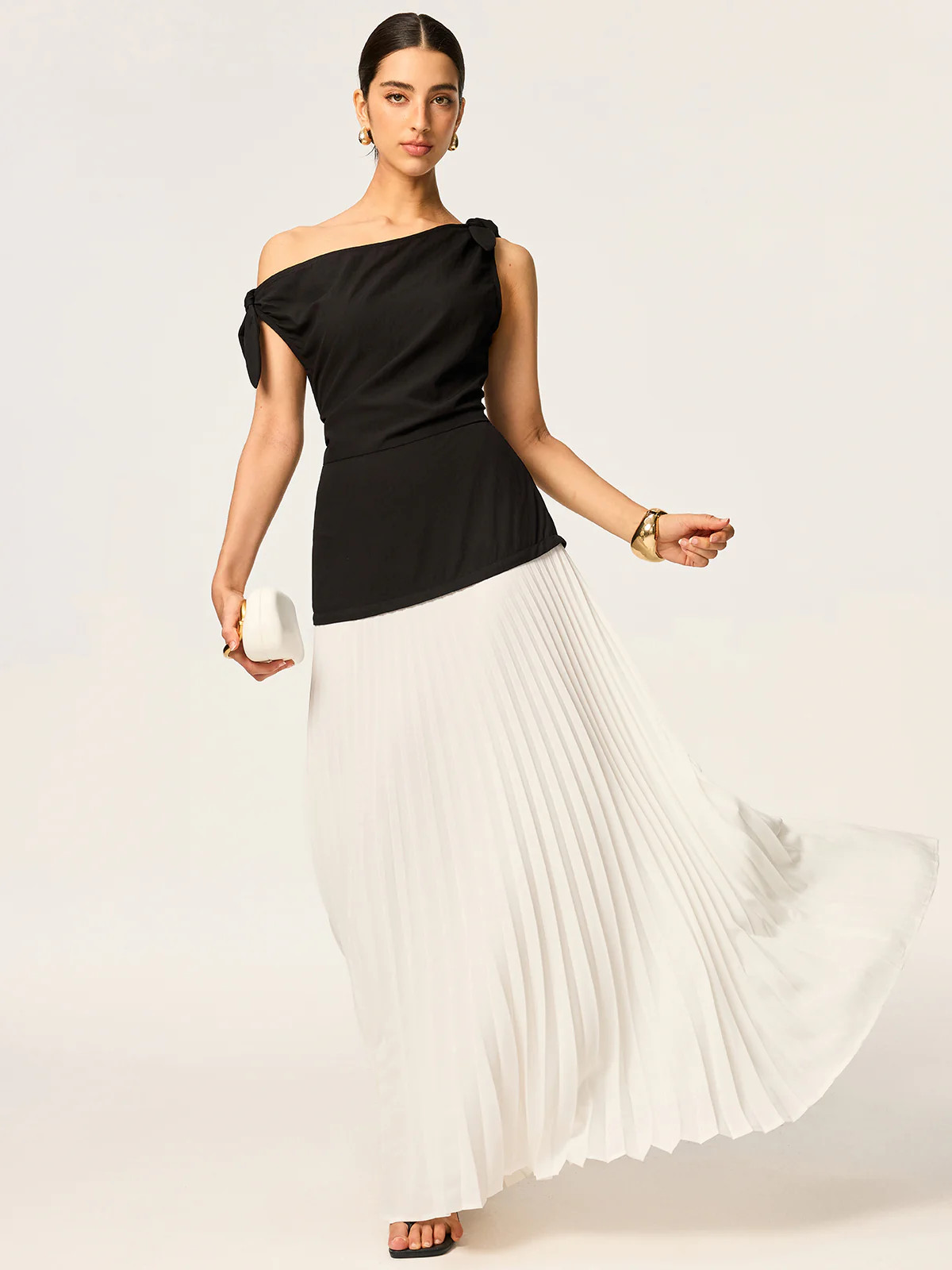 Asymmetric Pleated Maxi Dress with Bow Detail | Commense