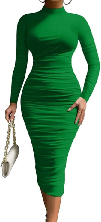 LAGSHIAN Women's Cocktail Bodycon Long Sleeve Mock Neck Mesh Ruched Midi Party Dress | Amazon (US)