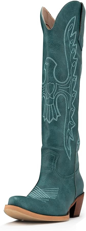 Womens White Cowgirl Boots Fashion Over the Knee Boots With Classic Embroidery Chunky Heels And W... | Amazon (US)