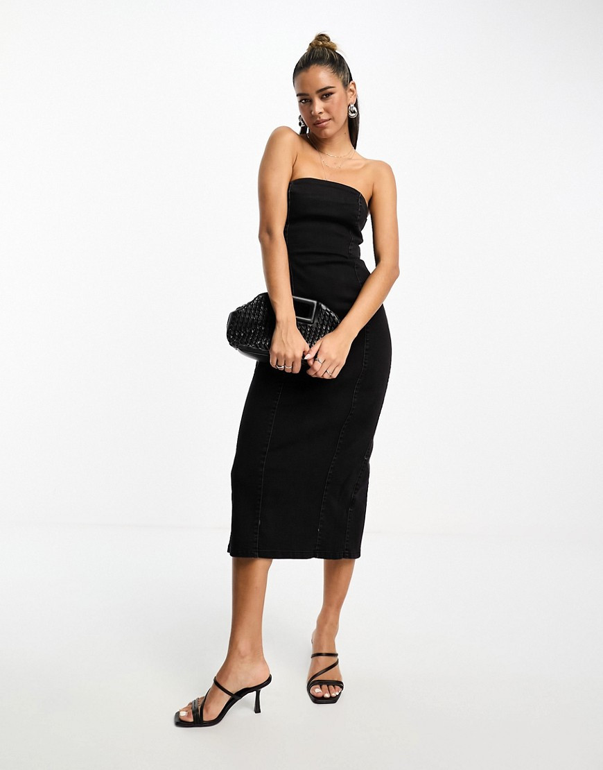 ASOS DESIGN denim bandeau midi dress in washed black | ASOS (Global)