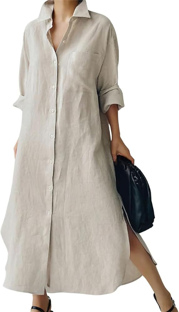 chouyatou Women's Spring Button Down Cotton Shirt Dress Summer Flowy Side Slit Maxi Shift Dress | Amazon (US)