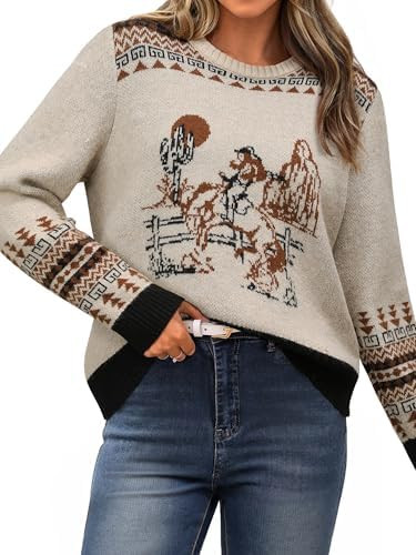 MYMORE Women's Western Cowgirl Knitted Sweater Long Sleeve Vintage Cowboy Print Color Block Crewn... | Amazon (US)