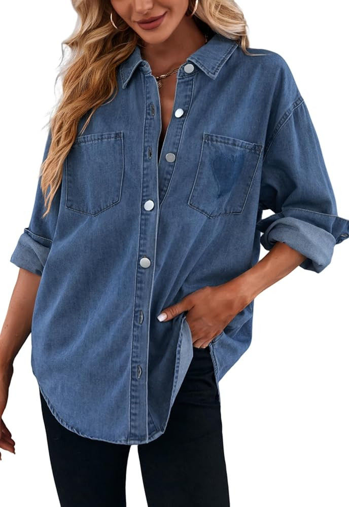 Women's Casual Button Down Denim Shirt Long Sleeve Boyfriend Oversized Jean Jacket with Pockets | Amazon (US)