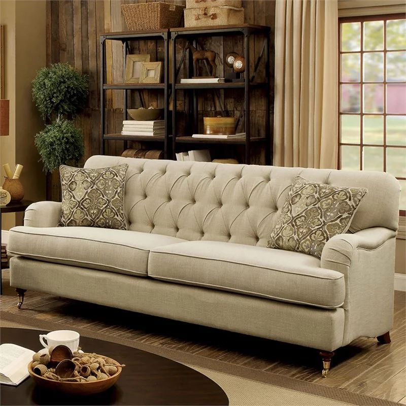 Furniture of America Tolk Traditional Fabric Button Tufted Sofa in Beige | Walmart (US)