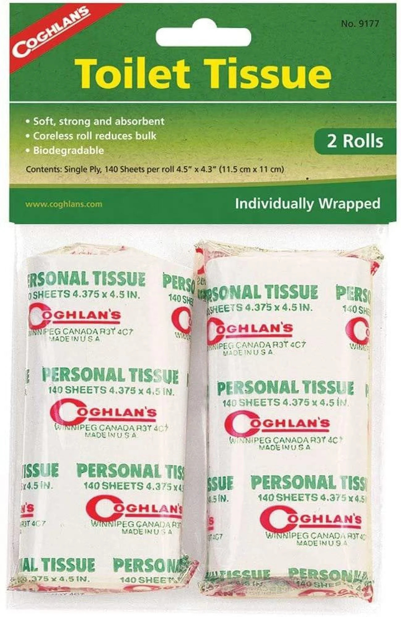 Coghlan's Compact Biodegradable 1-Ply Toilet Paper, 140 Sheets, 2 Rolls, 2 Pack | Walmart (US)