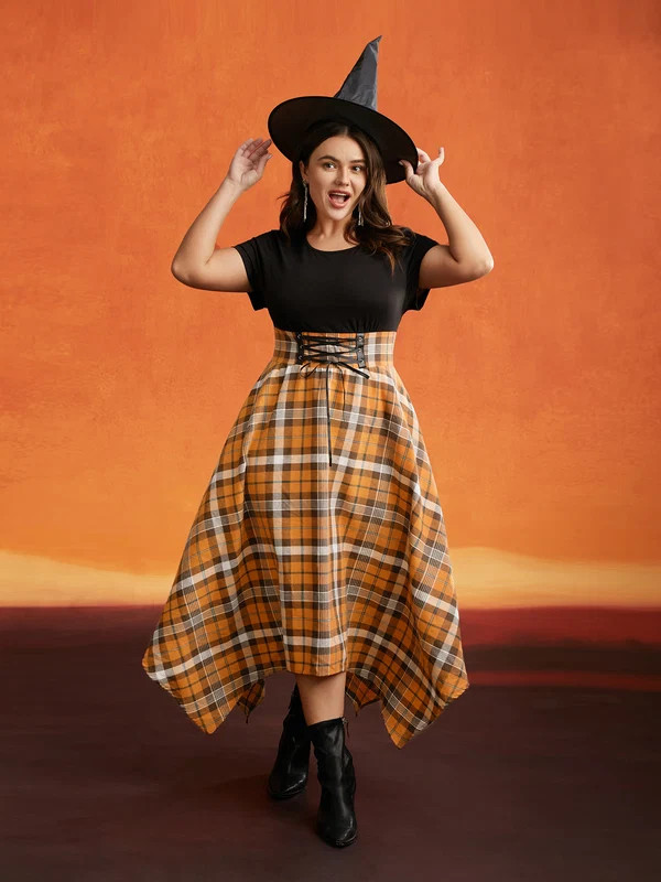 Elastic Plaid Asymmetrical Hem Dress | Bloomchic