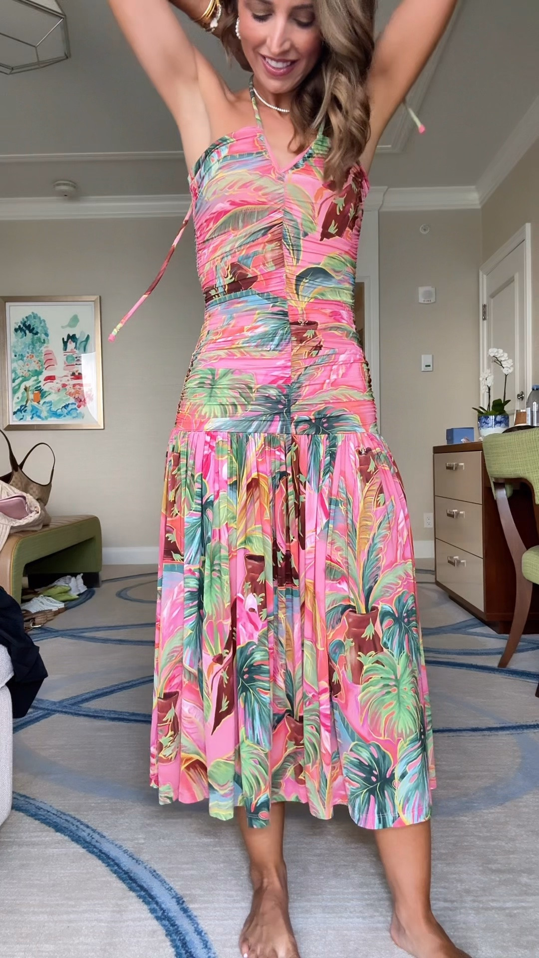 My Palm Beach dinner outfit. Farm Rio midi dress in XXS. Strappy neutral heels are TTS. Shell purse. Resort wear. Resort outfit. Vacation outfit. Vacation dress. Destination wedding.

#LTKootd #LTKTravel #LTKWedding