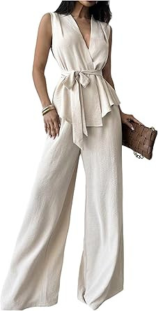 Verdusa Women's 2 Piece Old Money Clothes Tie Waist Wrap Vest with Dress Pants Clothing Sets | Amazon (US)