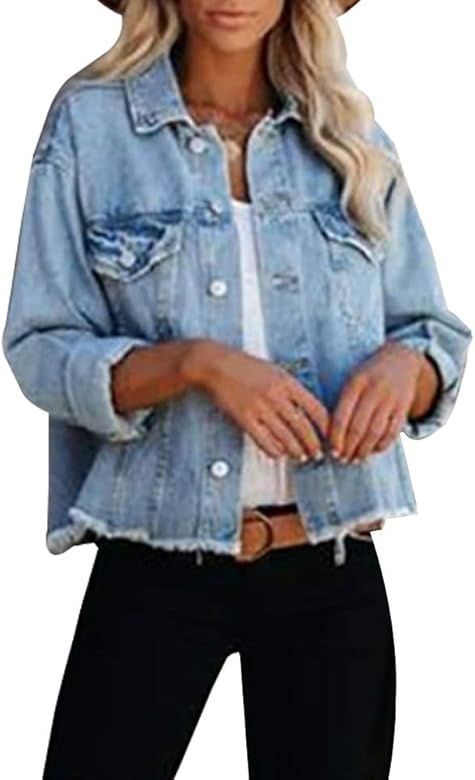 LONGBIDA Women's Jean Jacket Frayed Washed Button Up Cropped Denim Jacket With Pockets | Amazon (US)