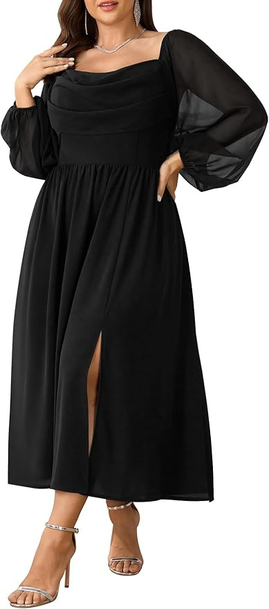 Women's Plus Size Dress Chiffon Long Sleeve Cowl Neck Wedding Guest Cocktail Party Maxi Dress | Amazon (US)