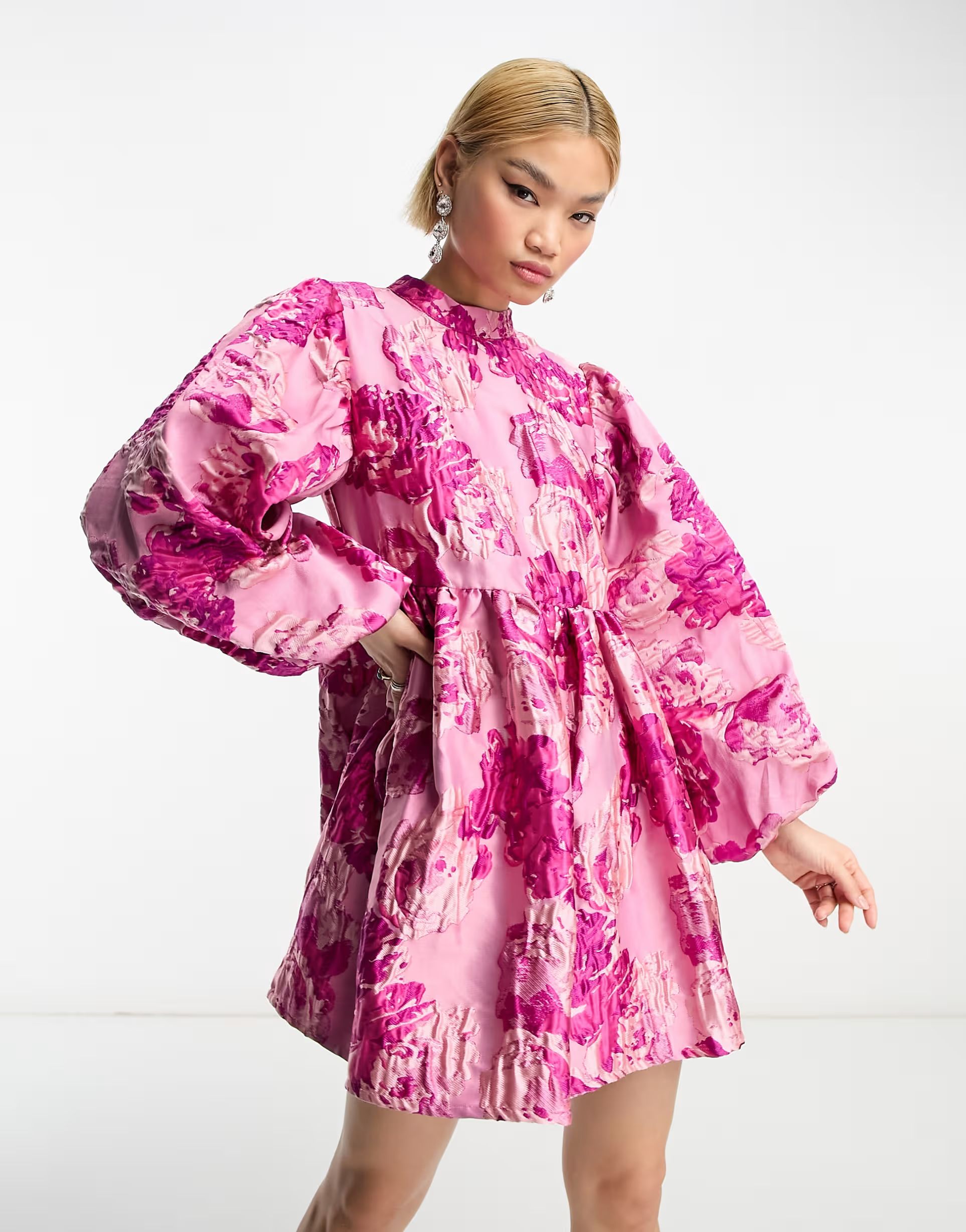 Dream Sister Jane textured jacquard mini dress in pink floral | ASOS (Global)